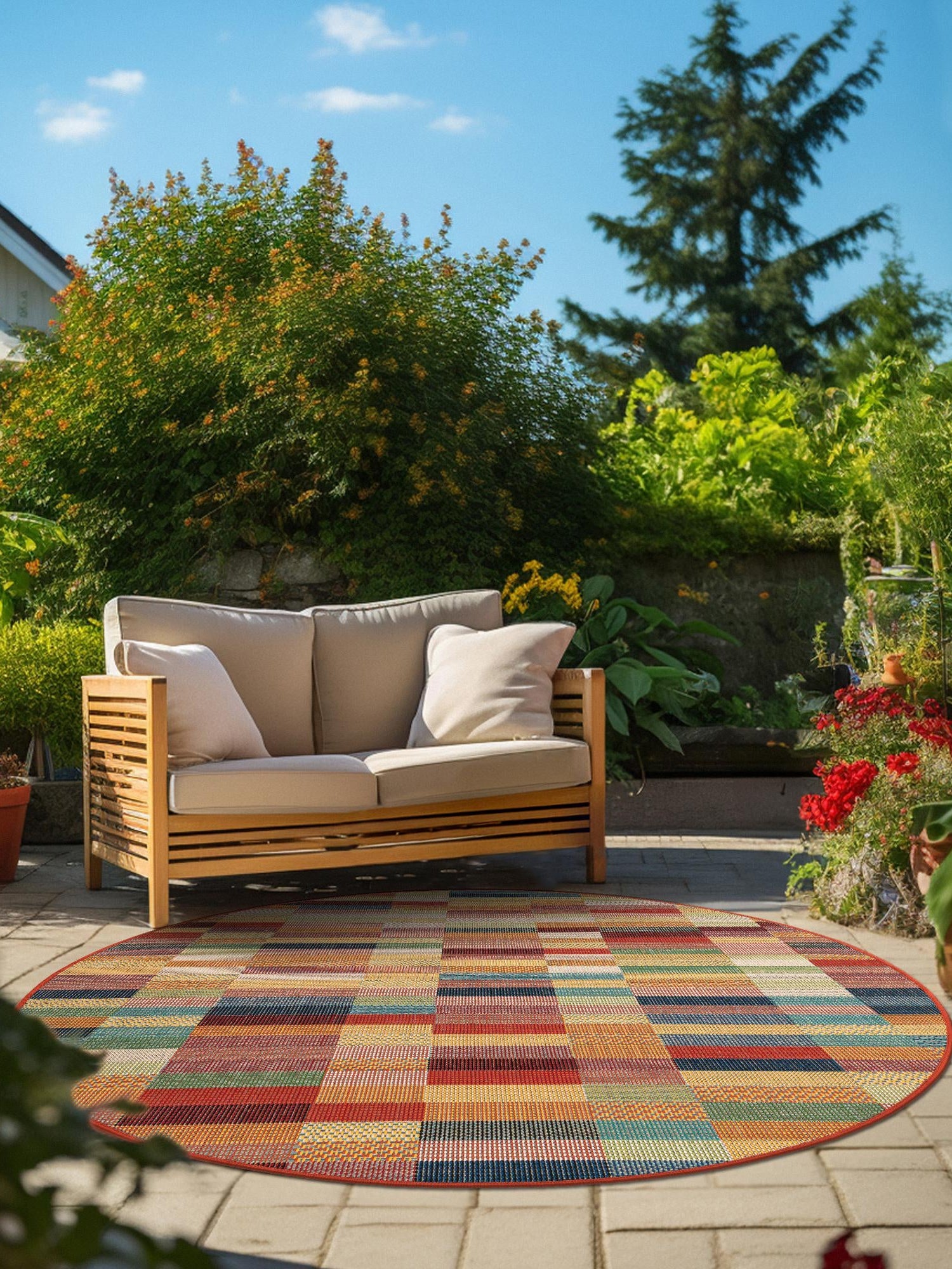Multicolor 6' 1 x 6' 1 Baja Outdoor Round Area Rug Weather Resistant for Patio, Deck, Terrace, Balcony, Porch 100% Polypropylene Modern Outside Decor for Sale at Rug Engine
