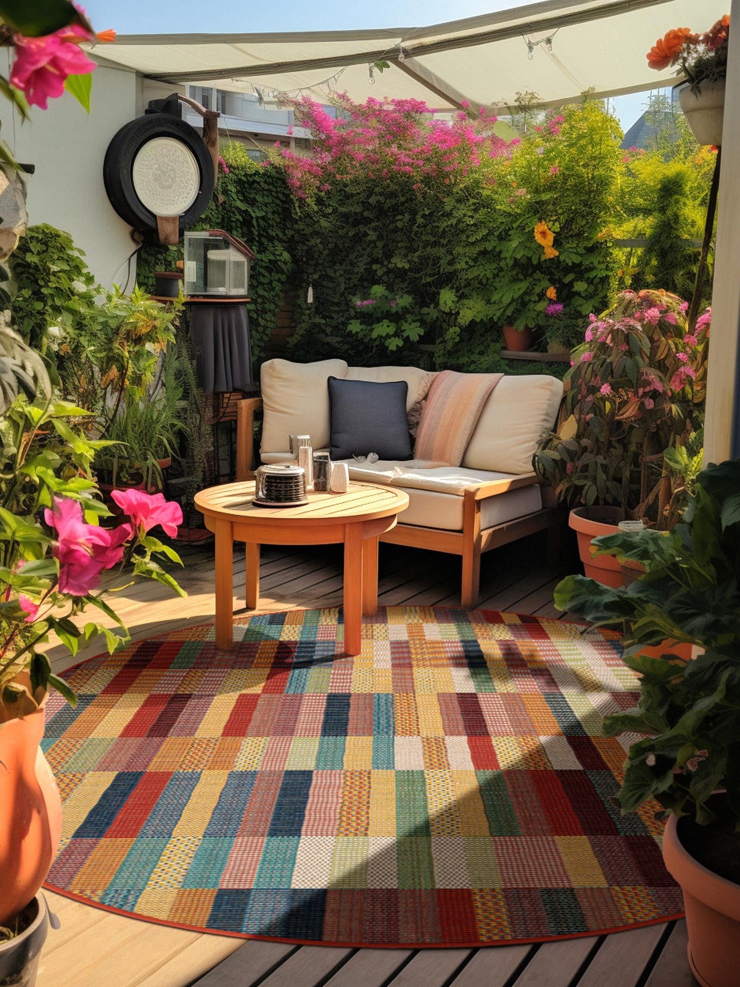 Multicolor 7' 10 x 7' 10 Baja Outdoor Round Area Rug Weather Resistant for Patio, Deck, Terrace, Balcony, Porch 100% Polypropylene Modern Outside Decor for Sale at Rug Engine