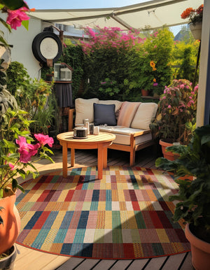 Multicolor 7' 10 x 7' 10 Baja Outdoor Round Area Rug Weather Resistant for Patio, Deck, Terrace, Balcony, Porch 100% Polypropylene Modern Outside Decor for Sale at Rug Engine