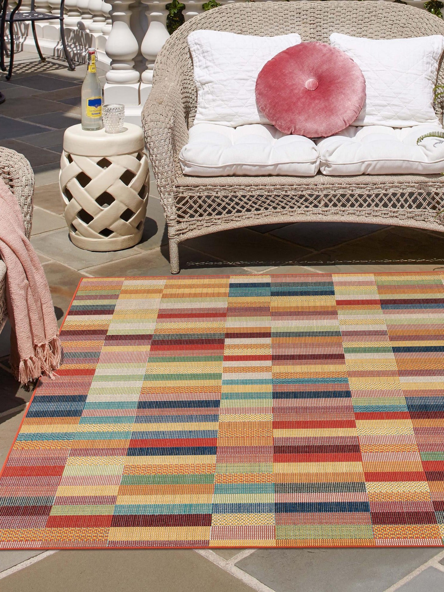 Multicolor 7' 10 x 7' 10 Baja Outdoor Square Area Rug Weather Resistant for Patio, Deck, Terrace, Balcony, Porch 100% Polypropylene Modern Outside Decor for Sale at Rug Engine