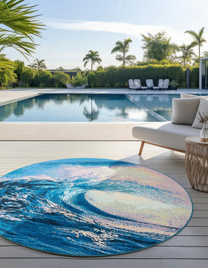 Blue 4' 1 x 4' 1 Outdoor Modern Round Area Rug Weather Resistant for Patio, Deck, Terrace, Balcony, Porch 100% Polypropylene Modern Outside Carpet for Sale at Rug Engine