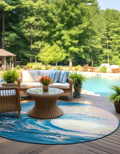 Blue 10' x 10' Outdoor Modern Round Rug