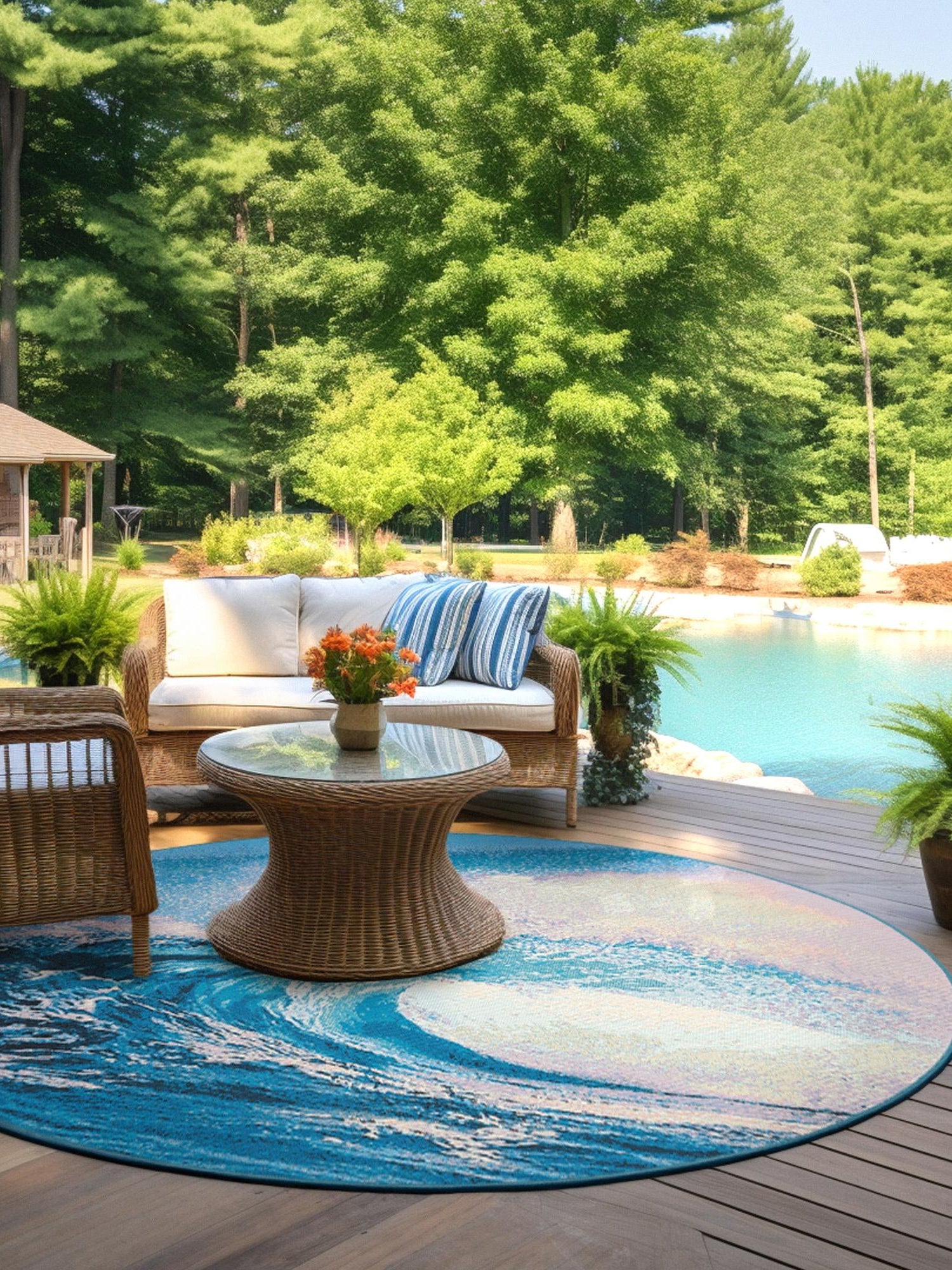 Blue 4' 1 x 4' 1 Outdoor Modern Round Area Rug Weather Resistant for Patio, Deck, Terrace, Balcony, Porch 100% Polypropylene Modern Outside Carpet for Sale at Rug Engine