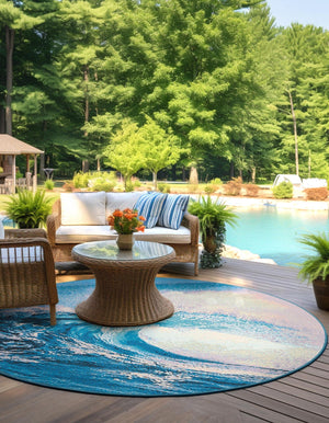 Blue 4' 1 x 4' 1 Outdoor Modern Round Area Rug Weather Resistant for Patio, Deck, Terrace, Balcony, Porch 100% Polypropylene Modern Outside Carpet for Sale at Rug Engine