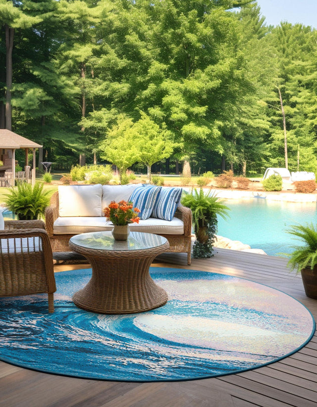 Blue 4' 1 x 4' 1 Outdoor Modern Round Area Rug Weather Resistant for Patio, Deck, Terrace, Balcony, Porch 100% Polypropylene Modern Outside Carpet for Sale at Rug Engine