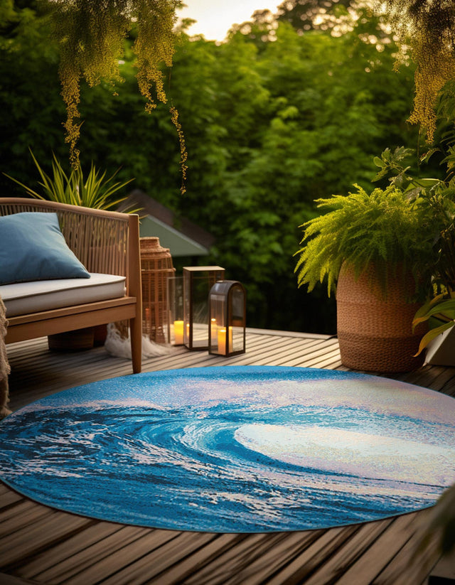 Blue 10' x 10' Outdoor Modern Round Rug