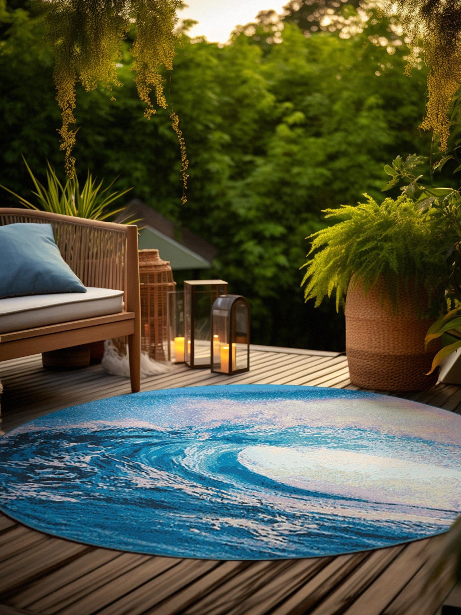 Blue 5' 3 x 5' 3 Outdoor Modern Round Area Rug Weather Resistant for Patio, Deck, Terrace, Balcony, Porch 100% Polypropylene Modern Outside Carpet for Sale at Rug Engine