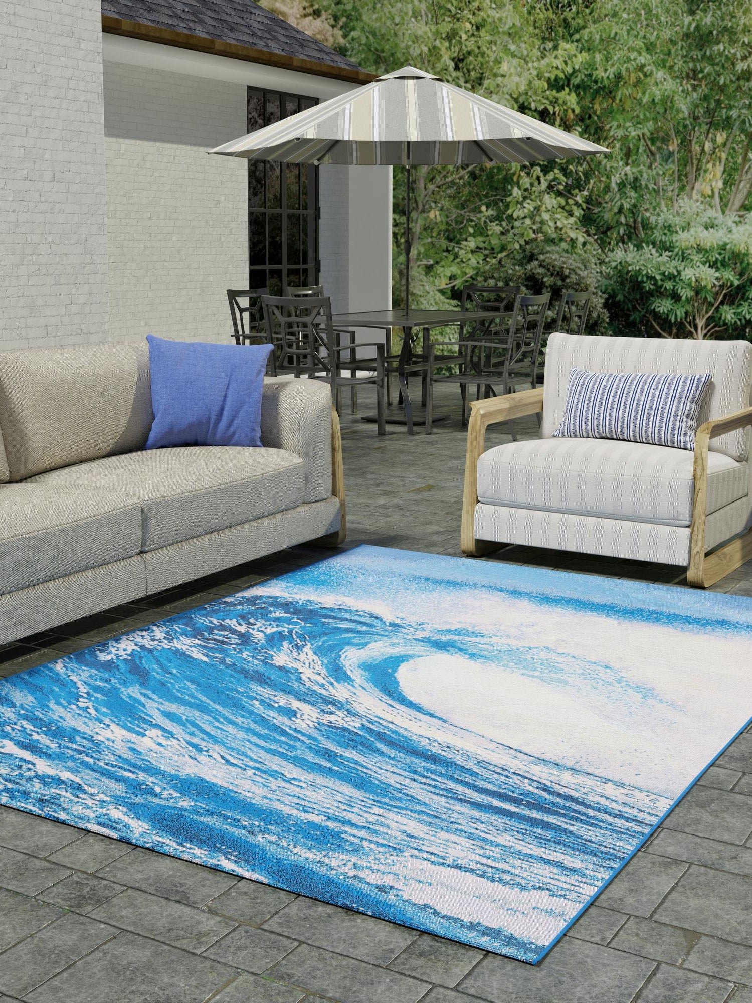 Blue 9' x 12' Outdoor Modern Rectangle Area Rug Weather Resistant for Patio, Deck, Terrace, Balcony, Porch 100% Polypropylene Modern Outside Carpet for Sale at Rug Engine