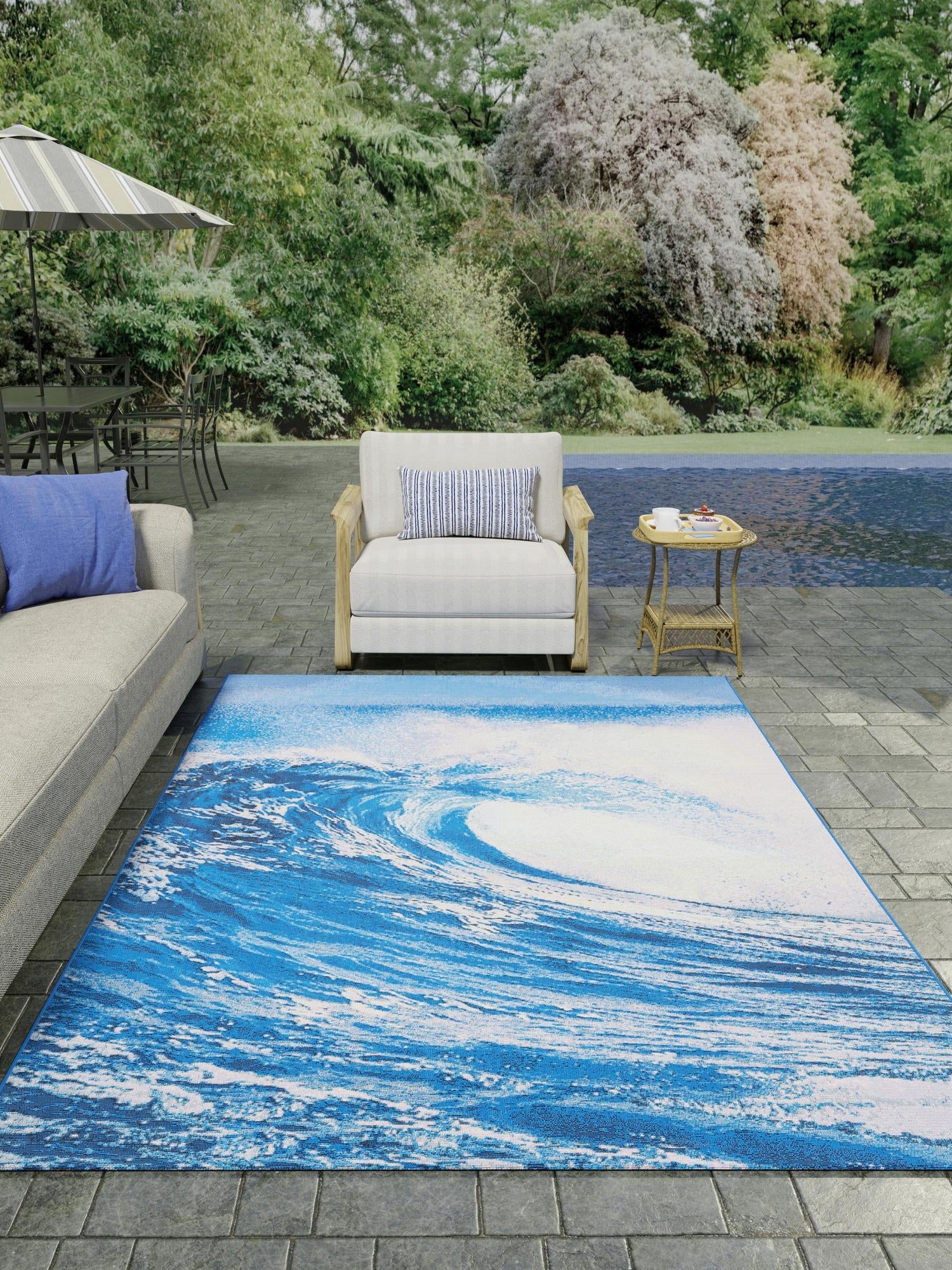 Blue 9' x 12' Outdoor Modern Rectangle Area Rug Weather Resistant for Patio, Deck, Terrace, Balcony, Porch 100% Polypropylene Modern Outside Carpet for Sale at Rug Engine