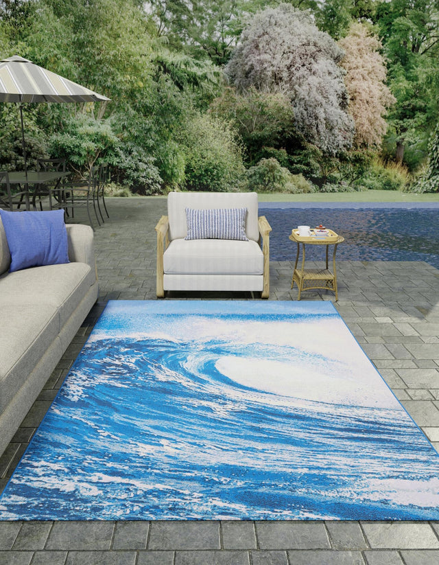 Blue 7' 10 x 10' Outdoor Modern Rectangle Area Rug Weather Resistant for Patio, Deck, Terrace, Balcony, Porch 100% Polypropylene Modern Outside Carpet for Sale at Rug Engine