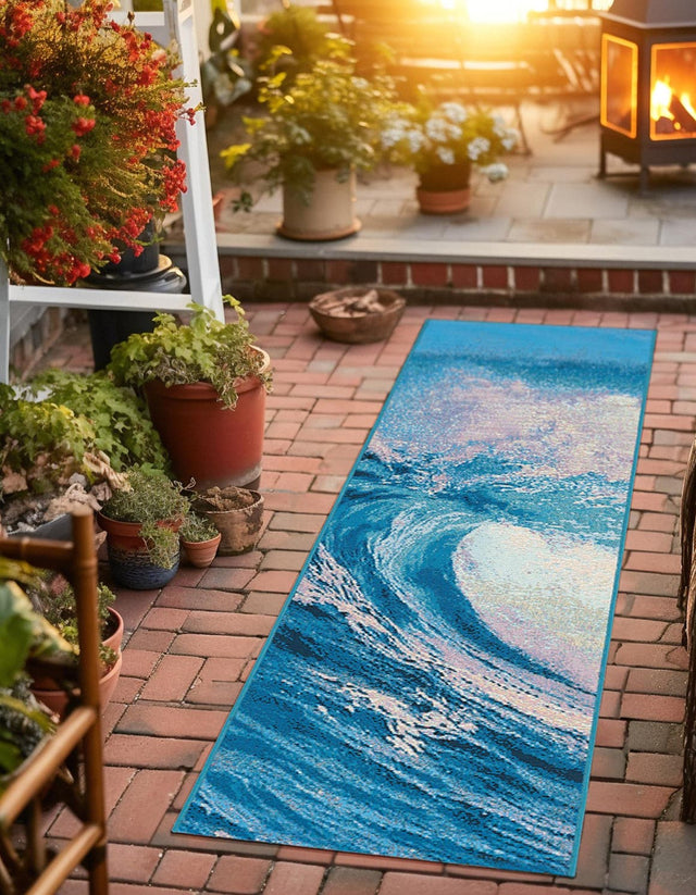 Blue 2' x 8' Outdoor Modern Runner Area Rug Weather Resistant for Patio, Deck, Terrace, Balcony, Porch 100% Polypropylene Modern Outside Carpet for Sale at Rug Engine