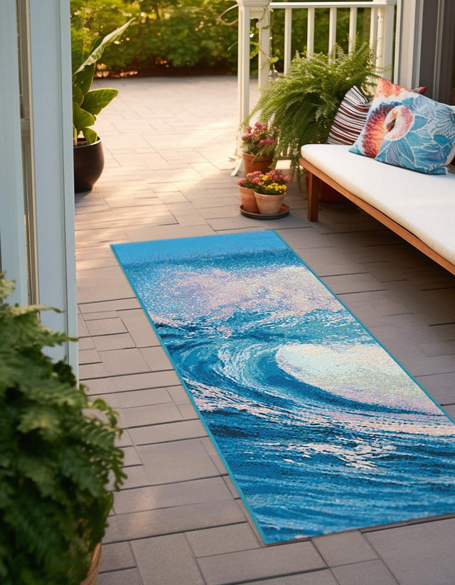 Blue 2' x 5' 1 Outdoor Modern Runner Area Rug Weather Resistant for Patio, Deck, Terrace, Balcony, Porch 100% Polypropylene Modern Outside Carpet for Sale at Rug Engine