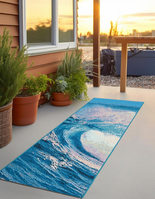 Blue 2' x 6' 1 Outdoor Modern Runner Area Rug Weather Resistant for Patio, Deck, Terrace, Balcony, Porch 100% Polypropylene Modern Outside Carpet for Sale at Rug Engine