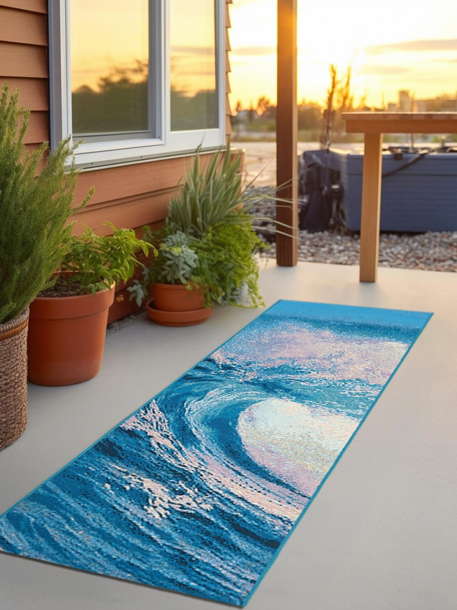 Blue 2' x 5' 1 Outdoor Modern Runner Area Rug Weather Resistant for Patio, Deck, Terrace, Balcony, Porch 100% Polypropylene Modern Outside Carpet for Sale at Rug Engine