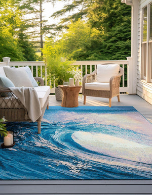 Blue 7' 10 x 7' 10 Outdoor Modern Square Area Rug Weather Resistant for Patio, Deck, Terrace, Balcony, Porch 100% Polypropylene Modern Outside Carpet for Sale at Rug Engine