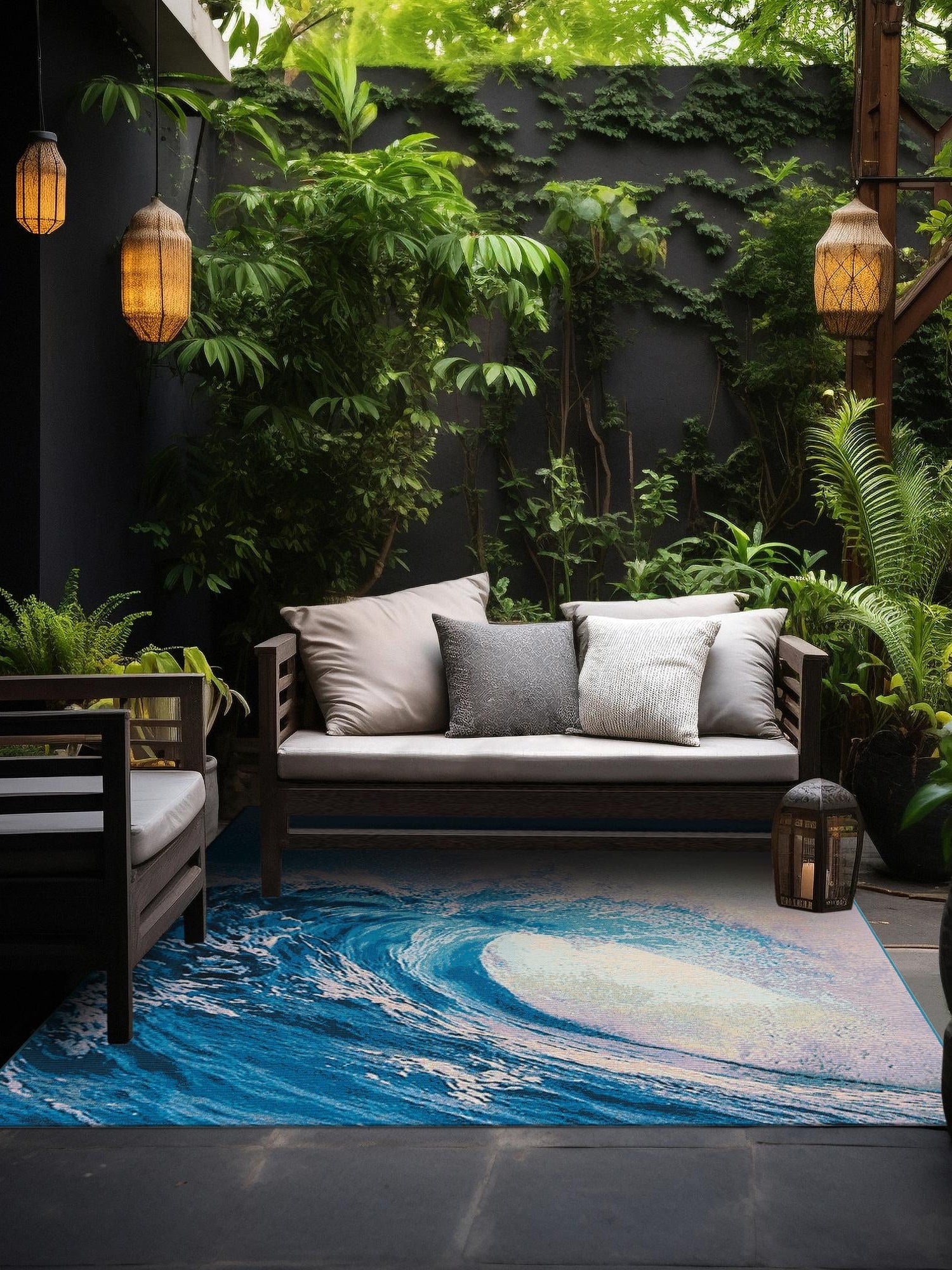 Blue 7' 10 x 7' 10 Outdoor Modern Square Area Rug Weather Resistant for Patio, Deck, Terrace, Balcony, Porch 100% Polypropylene Modern Outside Carpet for Sale at Rug Engine