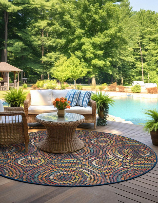 Multicolor 3' 3 x 3' 3 Baja Outdoor Round Area Rug Weather Resistant for Patio, Deck, Terrace, Balcony, Porch 100% Polypropylene Modern Outside Decor for Sale at Rug Engine