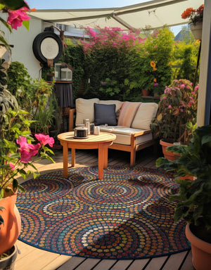 Multicolor 4' 1 x 4' 1 Baja Outdoor Round Area Rug Weather Resistant for Patio, Deck, Terrace, Balcony, Porch 100% Polypropylene Modern Outside Decor for Sale at Rug Engine