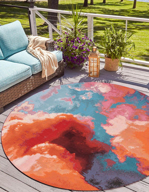 Gray and Pink 3' 3 x 3' 3 Outdoor Modern Round Area Rug Weather Resistant for Patio, Deck, Terrace, Balcony, Porch 100% Polypropylene Modern Outside Carpet for Sale at Rug Engine