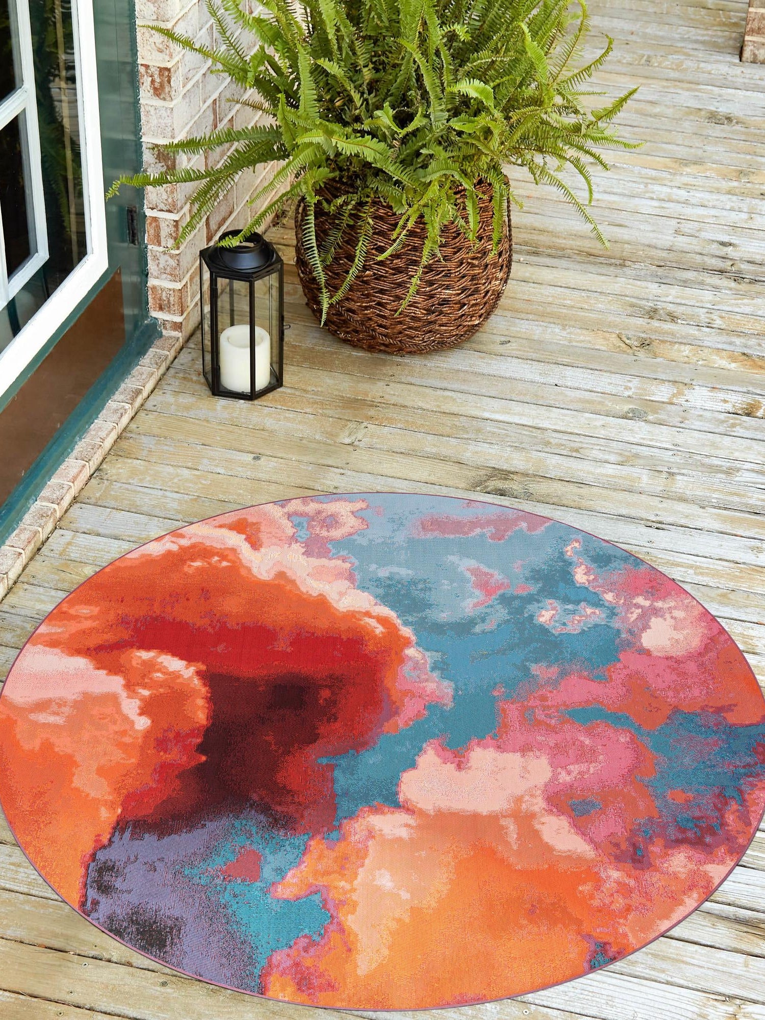 Gray and Pink 7' 10 x 7' 10 Outdoor Modern Round Area Rug Weather Resistant for Patio, Deck, Terrace, Balcony, Porch 100% Polypropylene Modern Outside Carpet for Sale at Rug Engine