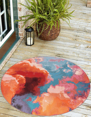 Gray and Pink 10' x 10' Outdoor Modern Round Area Rug Weather Resistant for Patio, Deck, Terrace, Balcony, Porch 100% Polypropylene Modern Outside Carpet for Sale at Rug Engine