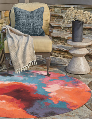 Gray and Pink 4' 1 x 4' 1 Outdoor Modern Round Area Rug Weather Resistant for Patio, Deck, Terrace, Balcony, Porch 100% Polypropylene Modern Outside Carpet for Sale at Rug Engine