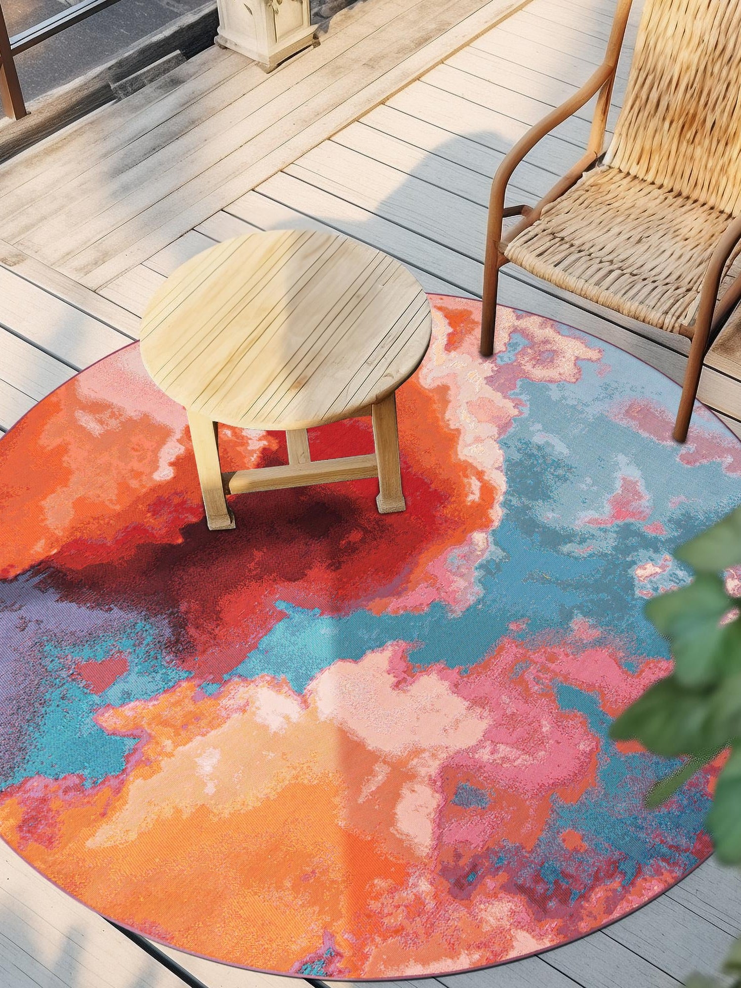 Gray and Pink 7' 10 x 7' 10 Outdoor Modern Round Area Rug Weather Resistant for Patio, Deck, Terrace, Balcony, Porch 100% Polypropylene Modern Outside Carpet for Sale at Rug Engine