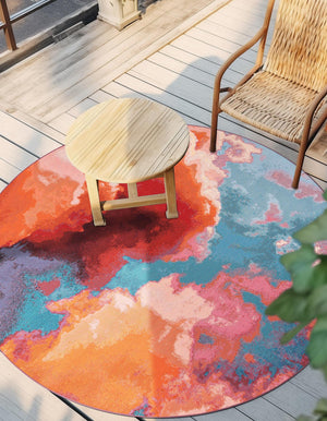 Gray and Pink 4' 1 x 4' 1 Outdoor Modern Round Area Rug Weather Resistant for Patio, Deck, Terrace, Balcony, Porch 100% Polypropylene Modern Outside Carpet for Sale at Rug Engine