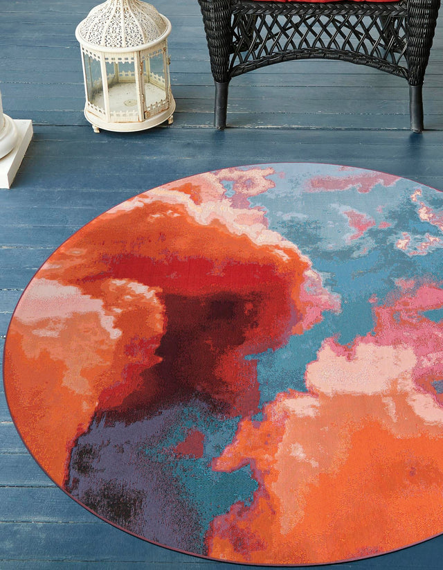 Gray and Pink 3' 3 x 3' 3 Outdoor Modern Round Area Rug Weather Resistant for Patio, Deck, Terrace, Balcony, Porch 100% Polypropylene Modern Outside Carpet for Sale at Rug Engine