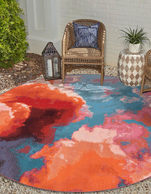 Gray and Pink 5' 3 x 5' 3 Outdoor Modern Round Area Rug Weather Resistant for Patio, Deck, Terrace, Balcony, Porch 100% Polypropylene Modern Outside Carpet for Sale at Rug Engine