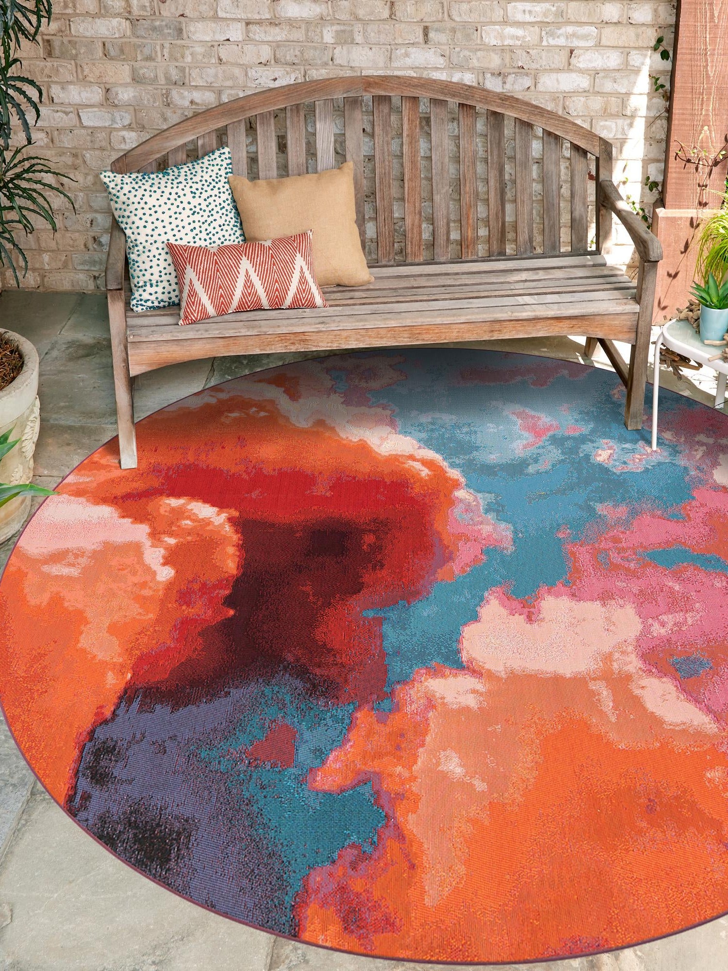 Gray and Pink 4' 1 x 4' 1 Outdoor Modern Round Area Rug Weather Resistant for Patio, Deck, Terrace, Balcony, Porch 100% Polypropylene Modern Outside Carpet for Sale at Rug Engine