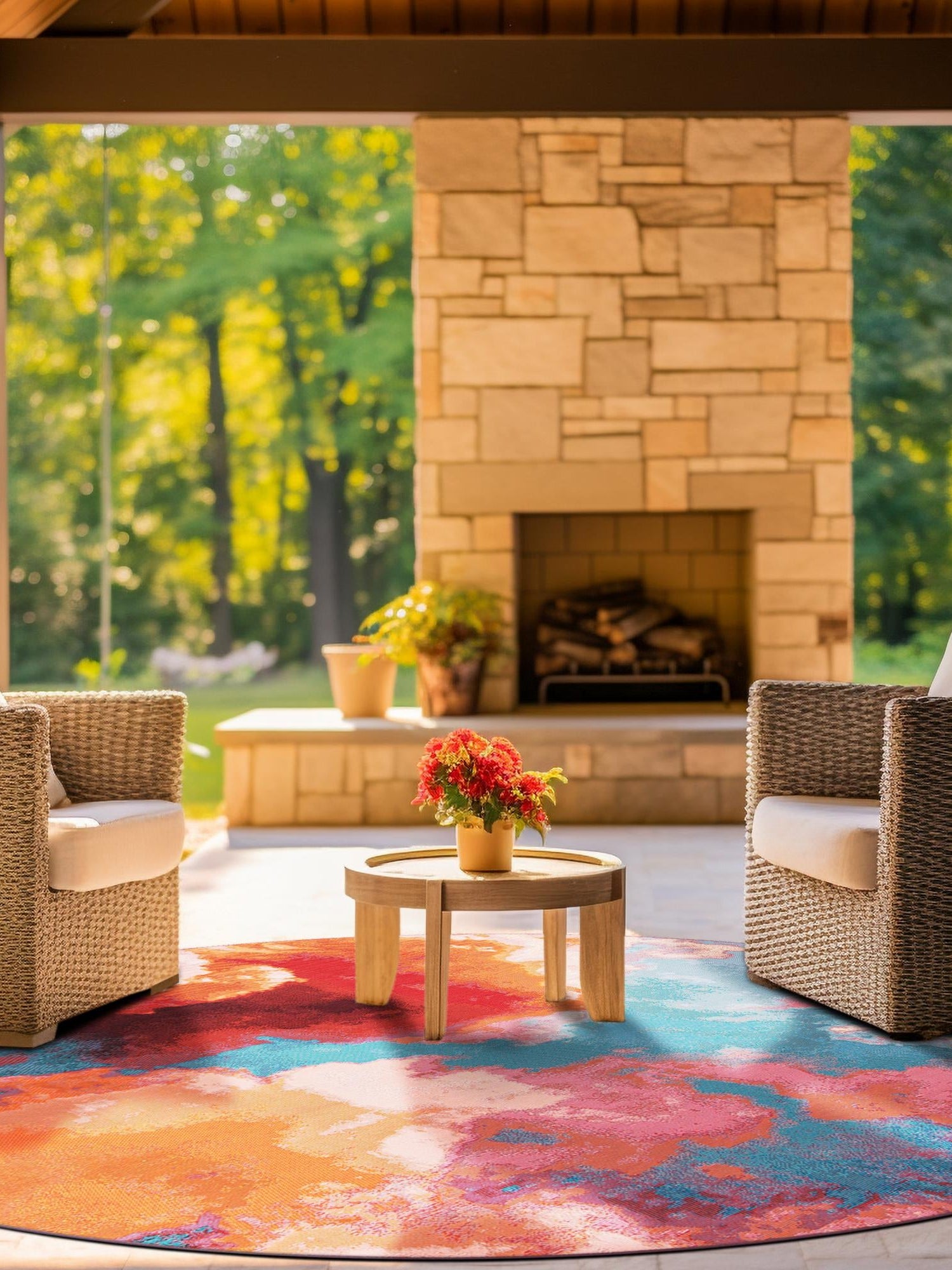 Gray and Pink 5' 3 x 5' 3 Outdoor Modern Round Area Rug Weather Resistant for Patio, Deck, Terrace, Balcony, Porch 100% Polypropylene Modern Outside Carpet for Sale at Rug Engine