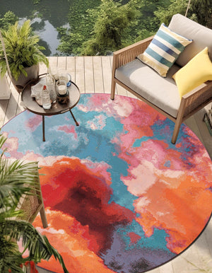 Gray and Pink 6' 1 x 6' 1 Outdoor Modern Round Area Rug Weather Resistant for Patio, Deck, Terrace, Balcony, Porch 100% Polypropylene Modern Outside Carpet for Sale at Rug Engine