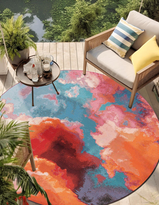 Gray and Pink 6' 1 x 6' 1 Outdoor Modern Round Area Rug Weather Resistant for Patio, Deck, Terrace, Balcony, Porch 100% Polypropylene Modern Outside Carpet for Sale at Rug Engine