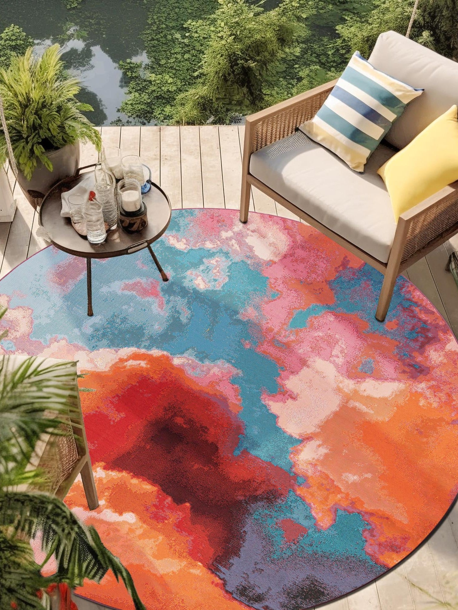 Gray and Pink 5' 3 x 5' 3 Outdoor Modern Round Area Rug Weather Resistant for Patio, Deck, Terrace, Balcony, Porch 100% Polypropylene Modern Outside Carpet for Sale at Rug Engine