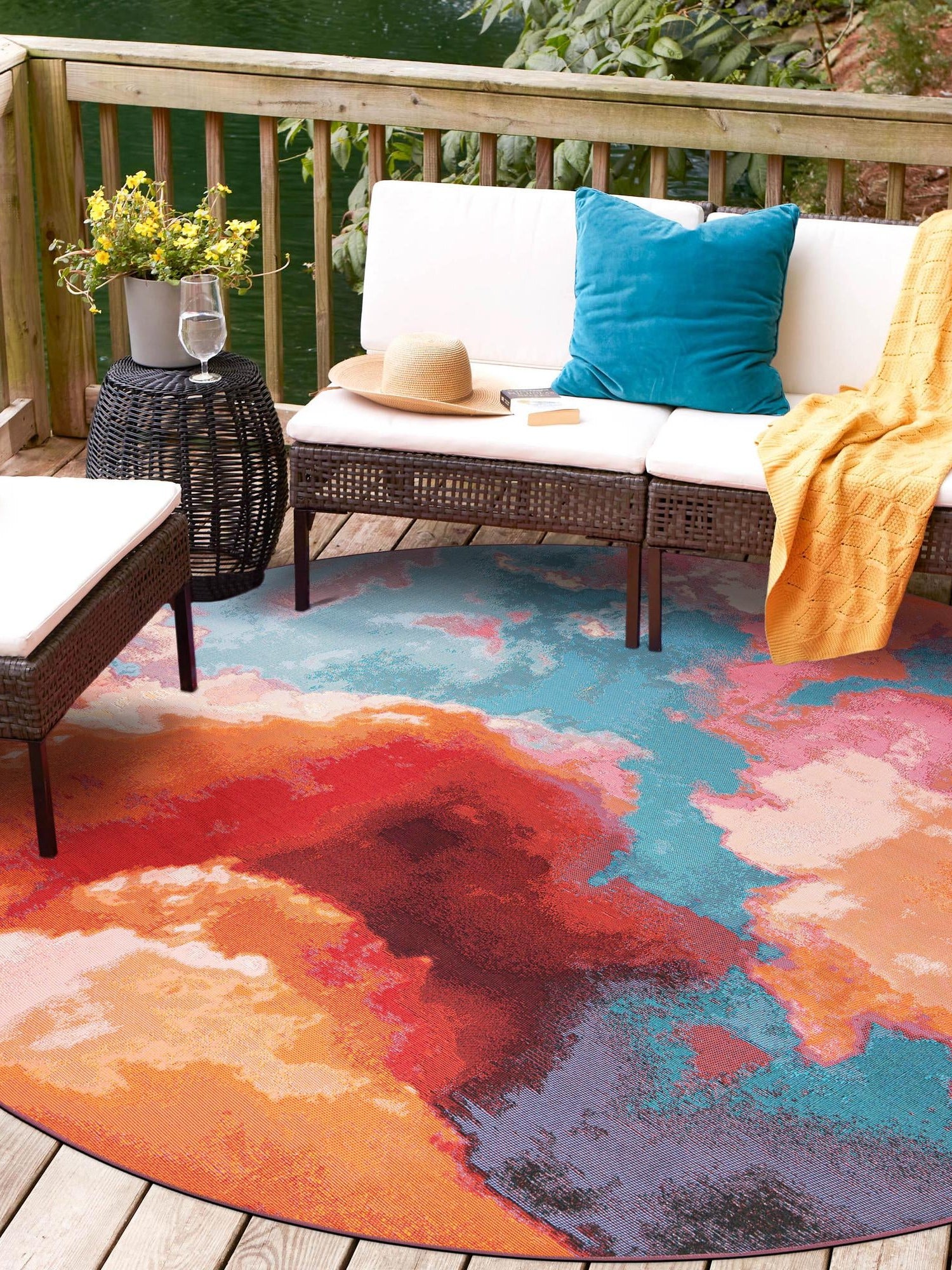 Gray and Pink 7' 10 x 7' 10 Outdoor Modern Round Area Rug Weather Resistant for Patio, Deck, Terrace, Balcony, Porch 100% Polypropylene Modern Outside Carpet for Sale at Rug Engine