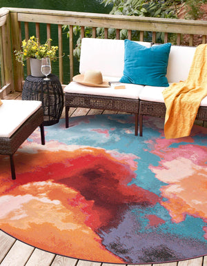 Gray and Pink 5' 3 x 5' 3 Outdoor Modern Round Area Rug Weather Resistant for Patio, Deck, Terrace, Balcony, Porch 100% Polypropylene Modern Outside Carpet for Sale at Rug Engine