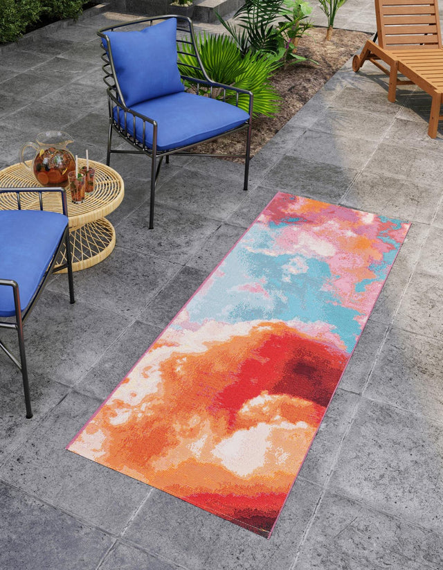 Gray and Pink 2' 7 x 12' Outdoor Modern Runner Area Rug Weather Resistant for Patio, Deck, Terrace, Balcony, Porch 100% Polypropylene Modern Outside Carpet for Sale at Rug Engine