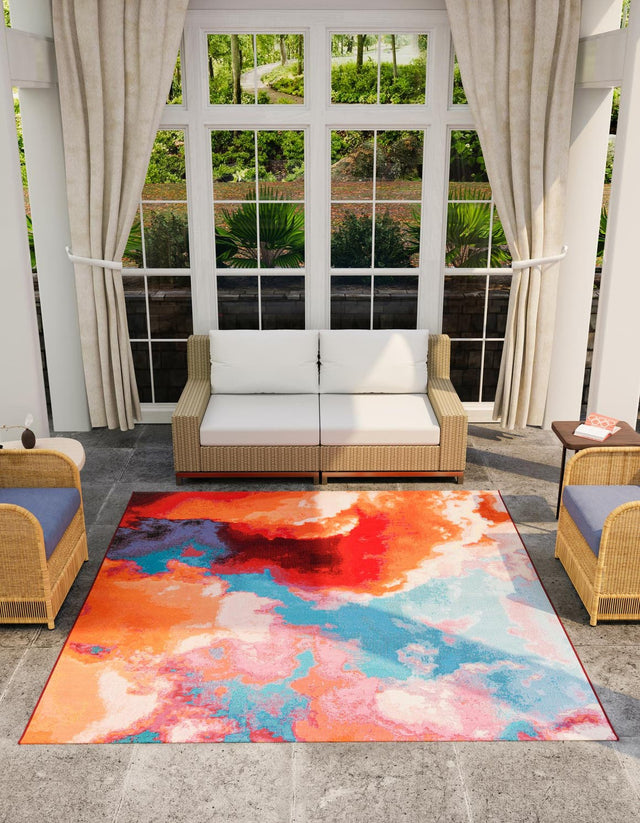 Gray and Pink 10' x 10' Outdoor Modern Square Area Rug Weather Resistant for Patio, Deck, Terrace, Balcony, Porch 100% Polypropylene Modern Outside Carpet for Sale at Rug Engine