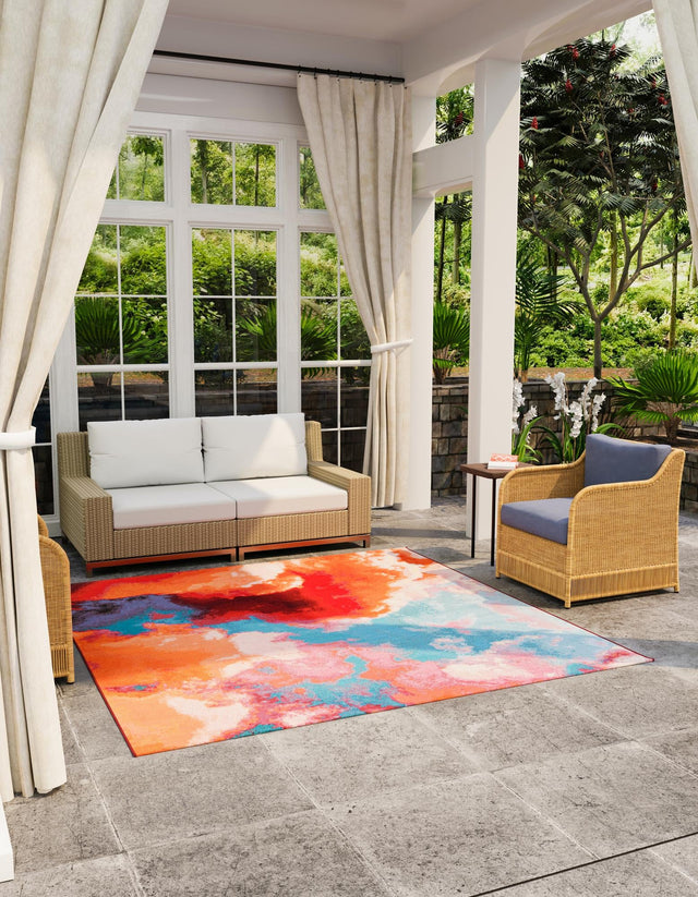 Gray and Pink 10' x 10' Outdoor Modern Square Area Rug Weather Resistant for Patio, Deck, Terrace, Balcony, Porch 100% Polypropylene Modern Outside Carpet for Sale at Rug Engine