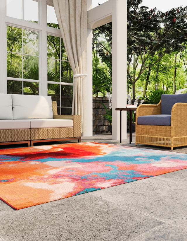 Gray and Pink 10' x 10' Outdoor Modern Square Area Rug Weather Resistant for Patio, Deck, Terrace, Balcony, Porch 100% Polypropylene Modern Outside Carpet for Sale at Rug Engine