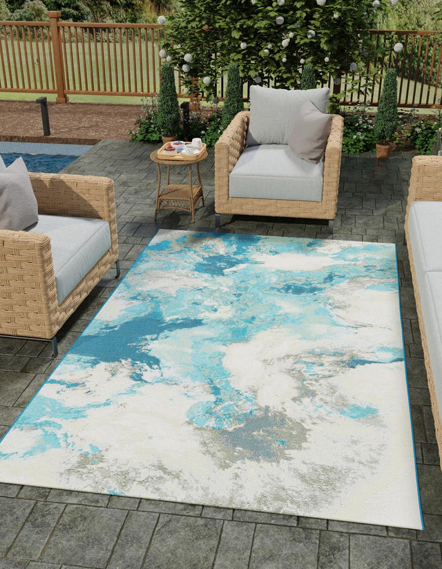 Blue and Ivory 7' 10 x 10' Outdoor Modern Rectangle Area Rug Weather Resistant for Patio, Deck, Terrace, Balcony, Porch 100% Polypropylene Modern Outside Carpet for Sale at Rug Engine