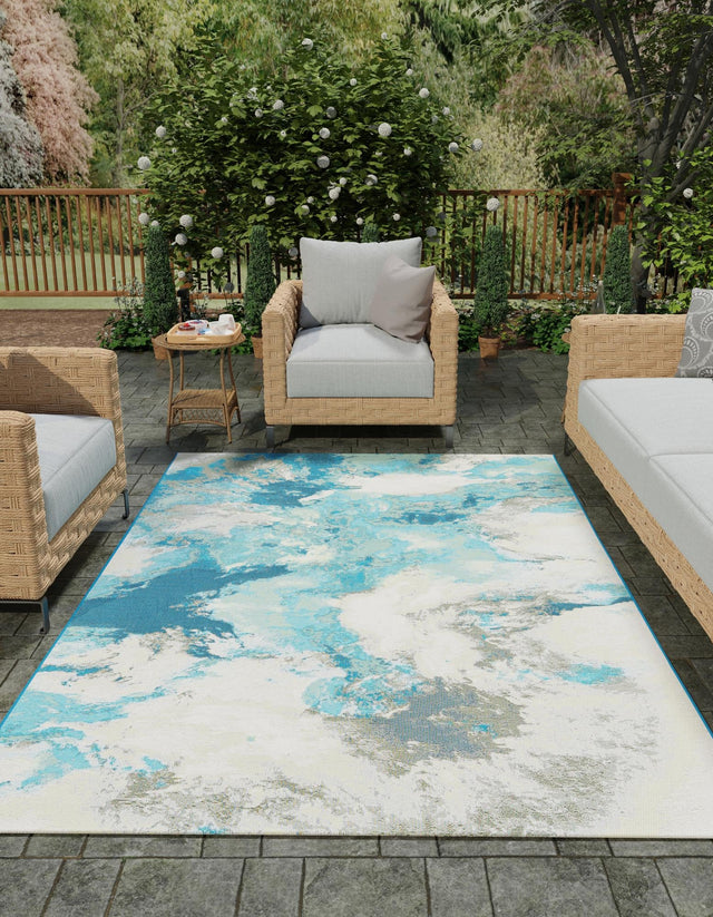 Blue and Ivory 2' x 3' 1 Outdoor Modern Rectangle Area Rug Weather Resistant for Patio, Deck, Terrace, Balcony, Porch 100% Polypropylene Modern Outside Carpet for Sale at Rug Engine
