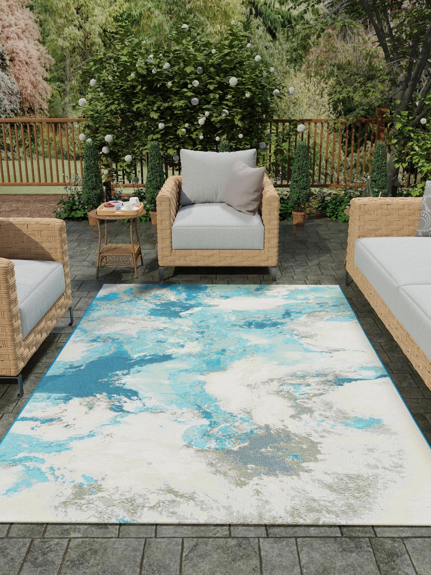 Blue and Ivory 9' x 12' Outdoor Modern Rectangle Area Rug Weather Resistant for Patio, Deck, Terrace, Balcony, Porch 100% Polypropylene Modern Outside Carpet for Sale at Rug Engine