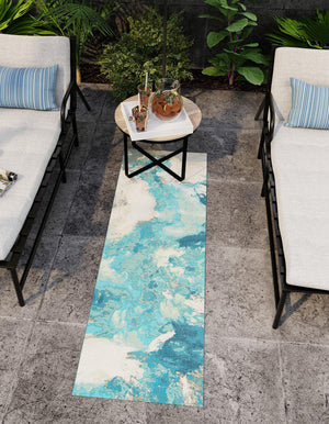 Blue and Ivory 2' x 5' 1 Outdoor Modern Runner Area Rug Weather Resistant for Patio, Deck, Terrace, Balcony, Porch 100% Polypropylene Modern Outside Carpet for Sale at Rug Engine