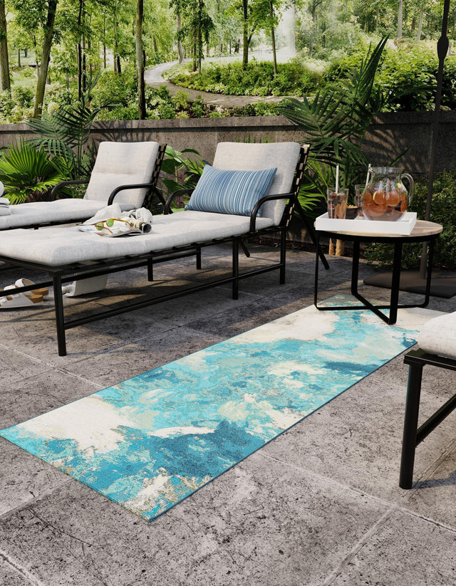 Blue and Ivory 2' 7 x 10' Outdoor Modern Runner Area Rug Weather Resistant for Patio, Deck, Terrace, Balcony, Porch 100% Polypropylene Modern Outside Carpet for Sale at Rug Engine