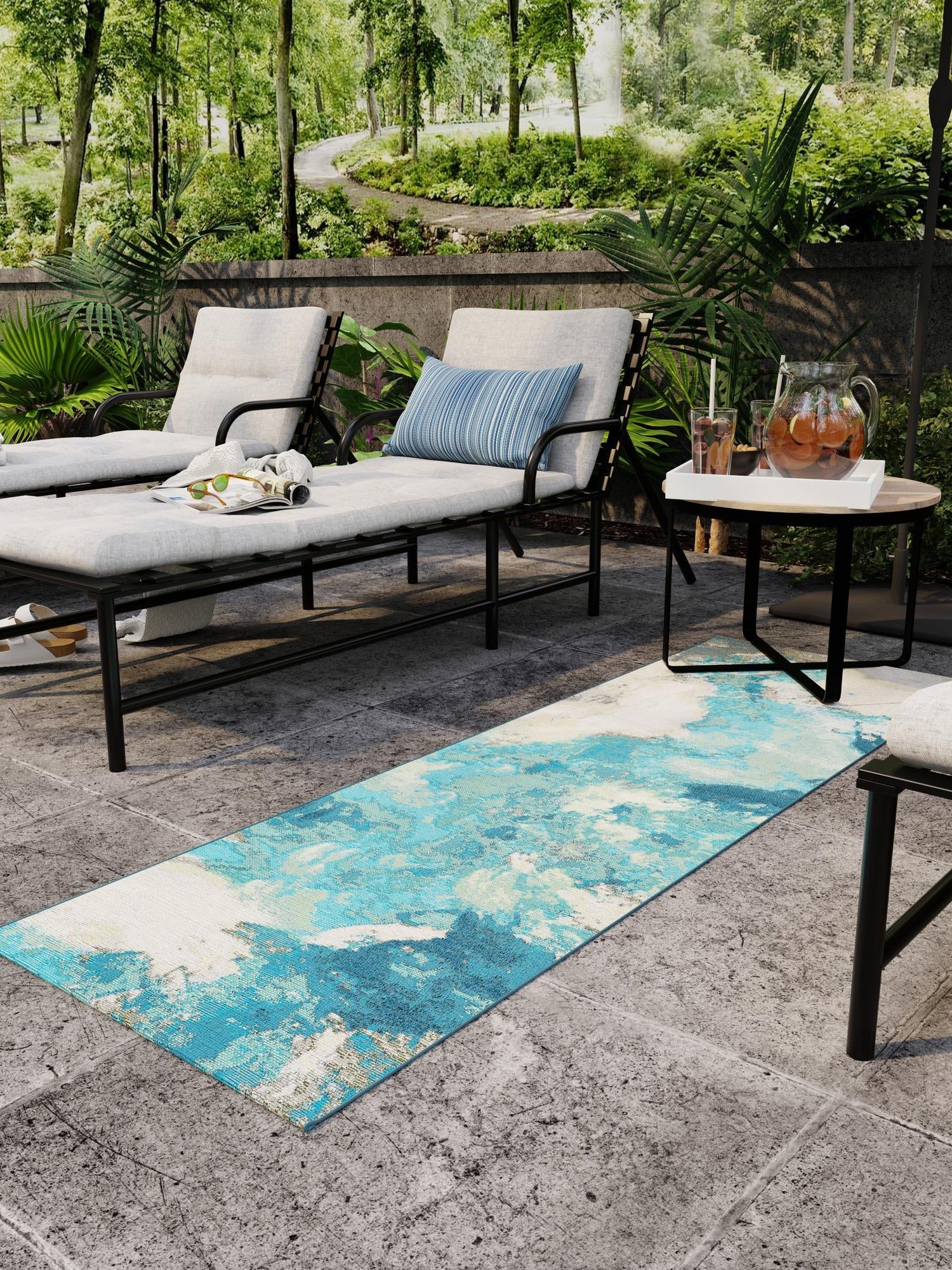 Blue and Ivory 2' 7 x 12' Outdoor Modern Runner Area Rug Weather Resistant for Patio, Deck, Terrace, Balcony, Porch 100% Polypropylene Modern Outside Carpet for Sale at Rug Engine