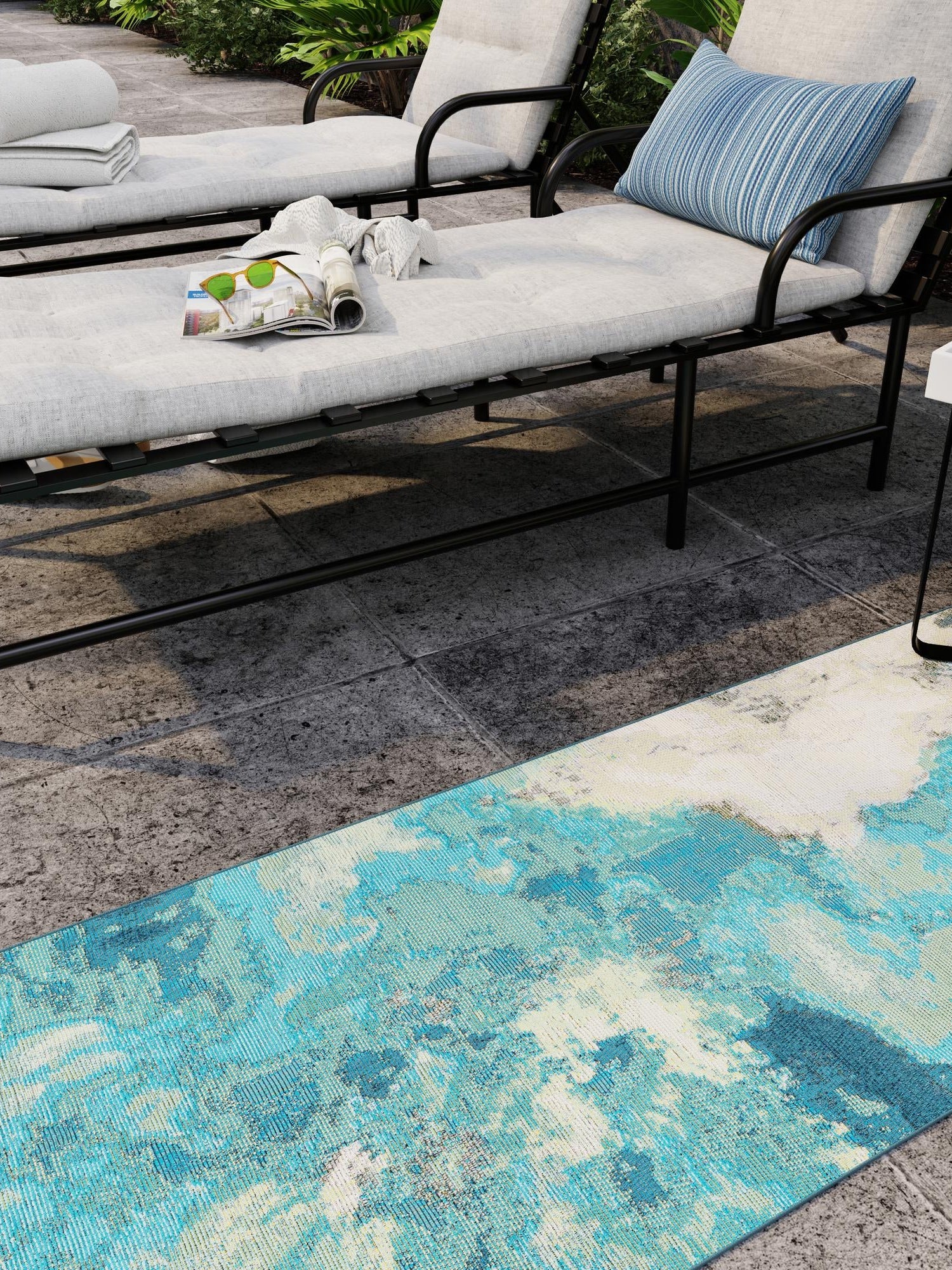 Blue and Ivory 2' x 6' 1 Outdoor Modern Runner Area Rug Weather Resistant for Patio, Deck, Terrace, Balcony, Porch 100% Polypropylene Modern Outside Carpet for Sale at Rug Engine