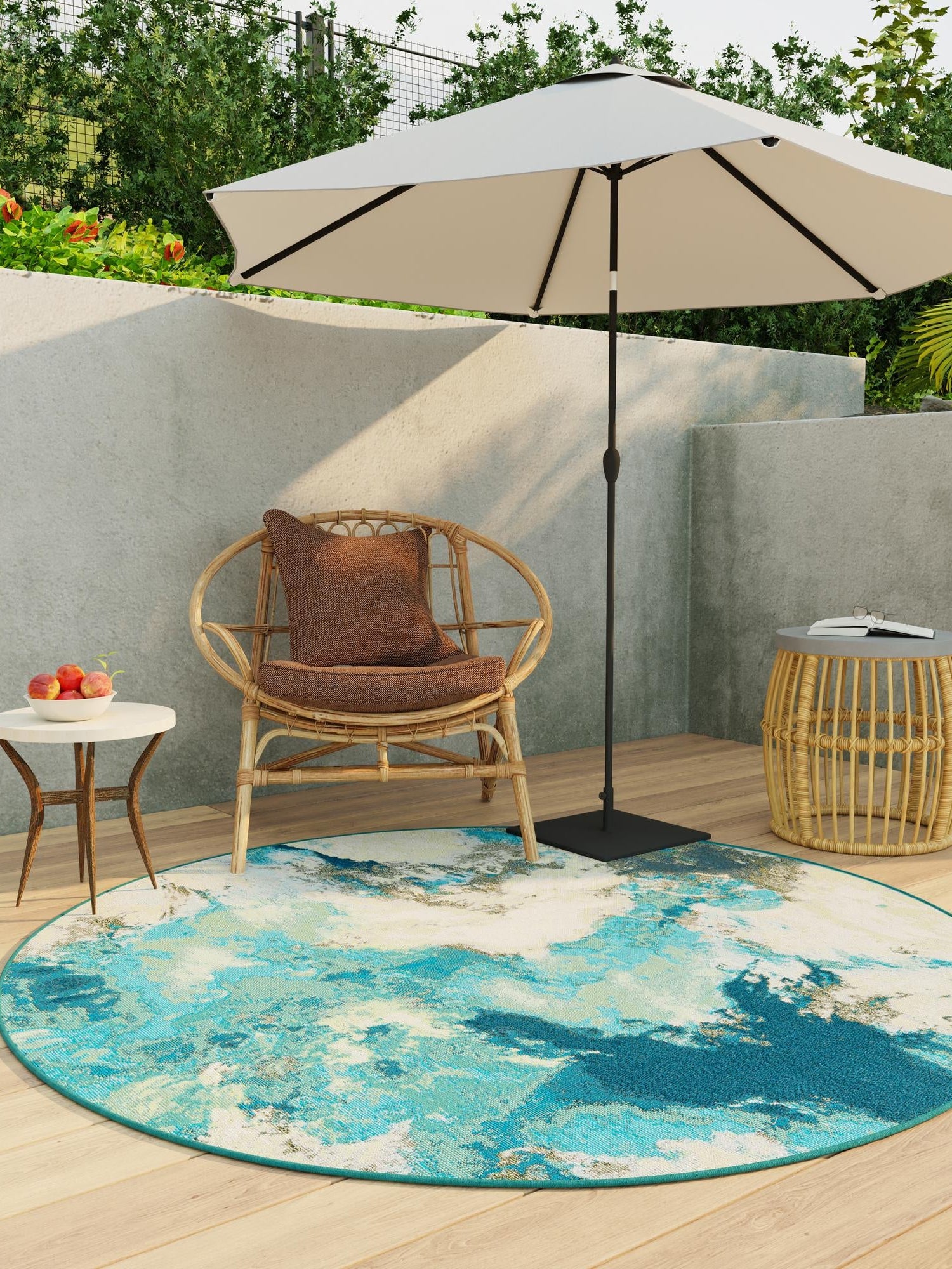 Blue and Ivory 7' 10 x 7' 10 Outdoor Modern Round Area Rug Weather Resistant for Patio, Deck, Terrace, Balcony, Porch 100% Polypropylene Modern Outside Carpet for Sale at Rug Engine