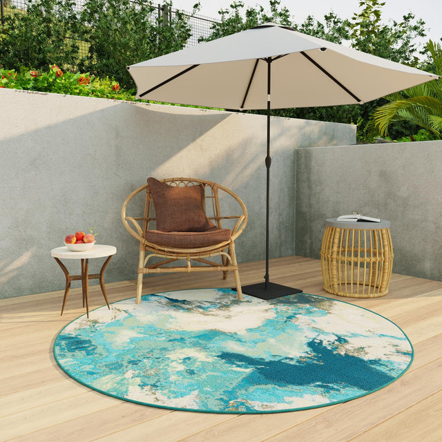 Blue and Ivory 3' 3 x 3' 3 Outdoor Modern Round Area Rug Weather Resistant for Patio, Deck, Terrace, Balcony, Porch 100% Polypropylene Modern Outside Carpet for Sale at Rug Engine
